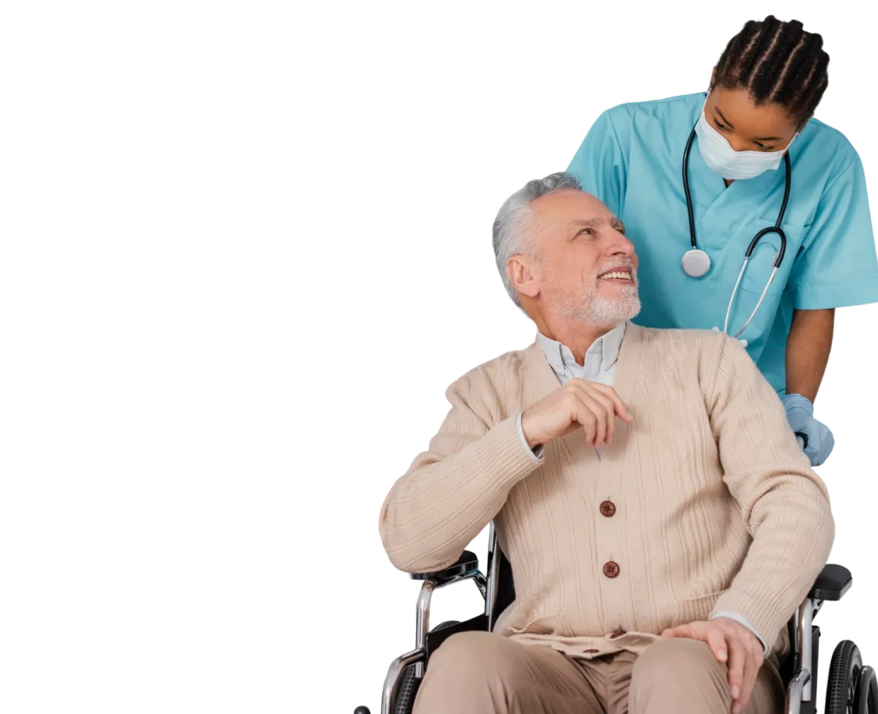 Care professional supporting an older adult in a wheelchair