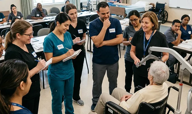 Staff members receiving practical disability support training